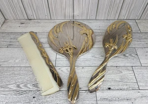 Vintage 3-teiliges Waschtisch Kommode Set Blumenspiegel, Bürste, Kamm mit Goldakzent - Bild 1 von 16