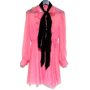 Gucci Sheer Silk Chiffon Ruffle Dress Ribbon Tie Knee Length Pink Size 38 Used - Picture 1 of 17