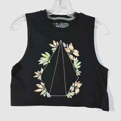 Volcom Stone Crop Tank Womens Sz XS Black Floral Cotton Crewneck Sleeveless Top - Image 1 of 4