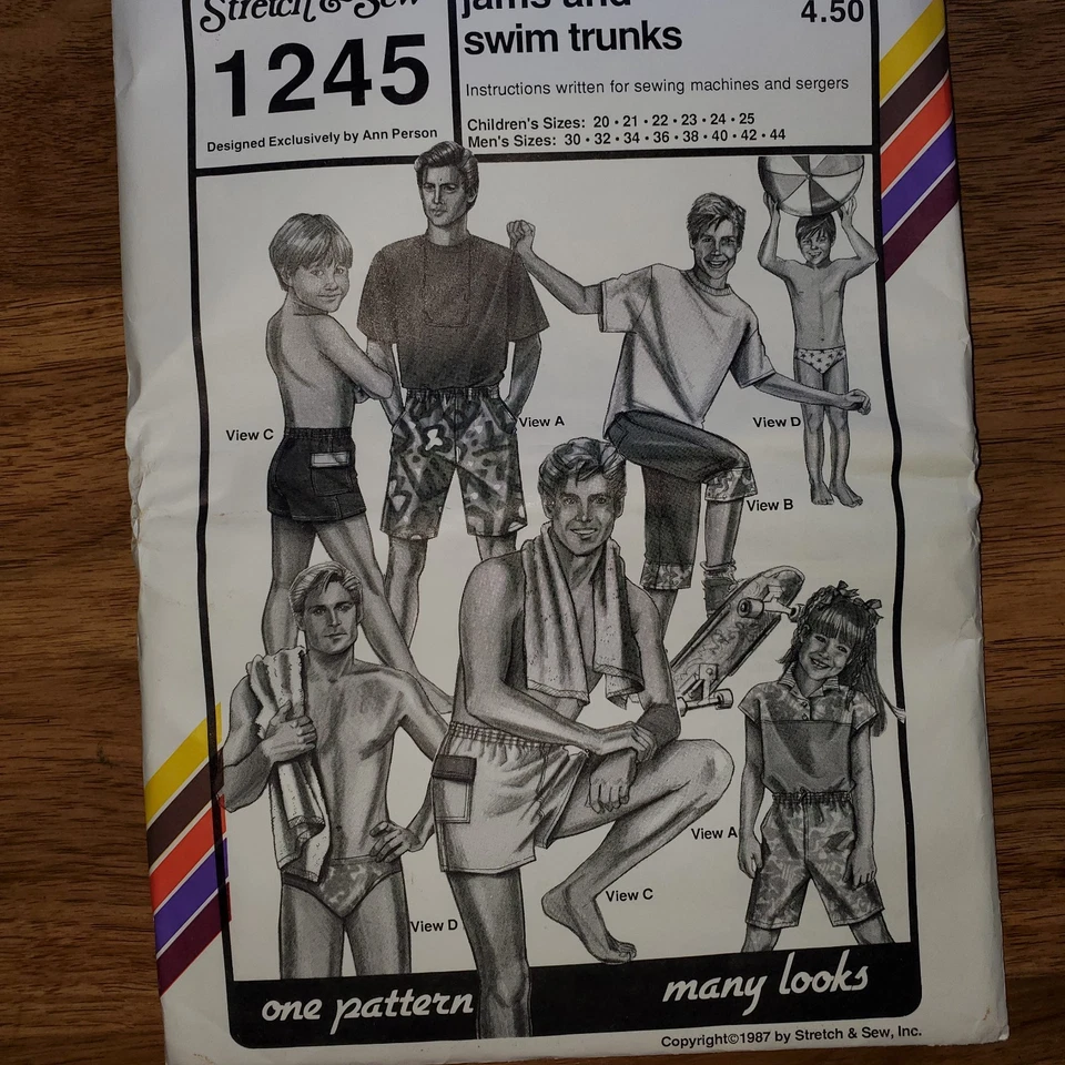 Stretch & Sew #1245 .  Boy's and Men' s Jams & Swim Trunk. Printed 1987. UNCUT - Image 1 of 2