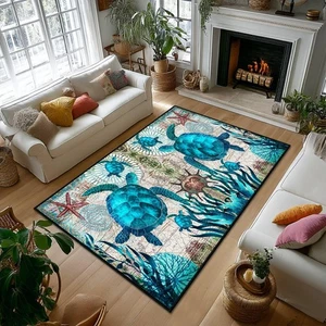 Sea Turtle Area Rug 5x7 Washable Bedroom Rug,Blue Turtles Beach Ocean Life Te... - Picture 1 of 6