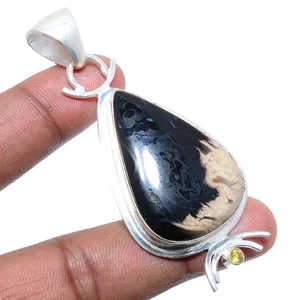 Palm Root Jasper & Lemon Topaz Silver Plated Pendant 2.56" T40, Christmas Gift - Picture 1 of 3