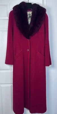 Vtg Mariella Burani Red Alpaca Wool Long Coat Opossum Collar Made in Italy 10 - Image 1 of 4