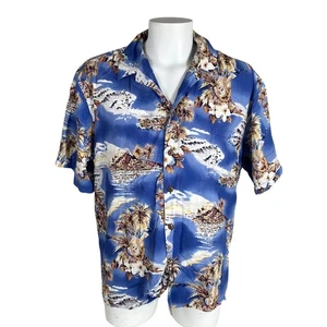 Hilo Hattie Hawaii Aloha Hemd XL Vulkan Ukulelen Palmen blau braun - Bild 1 von 6