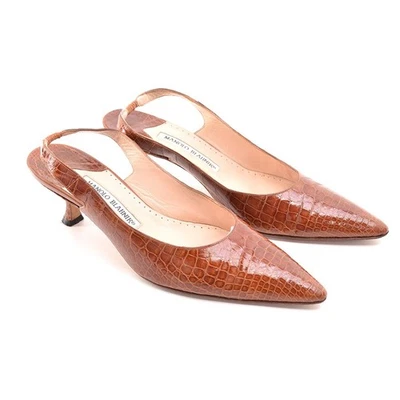 Zapatos de tacón de coñac Manolo Blahnik Carolyne Crocodile Slingback para dama 37/7 Foto 1 de 4