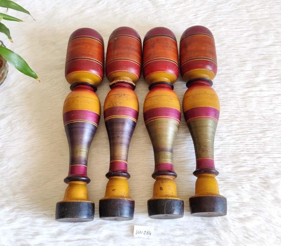 Ancien Laqué Multicolore Tabouret en Bois Pieds Décor Maison de Collection 4Pc - Photo 1/4