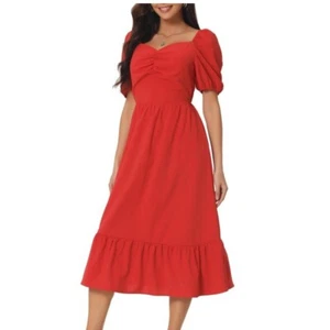 Women's Summer RED Dress Medium Sweetheart Neck Puff Short Sleeve Smocked Back M - Picture 1 of 13