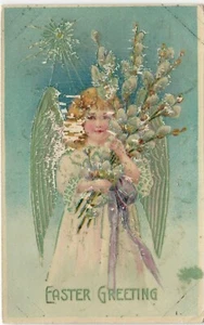 Postcard Easter Greetings Girl Angel Pussy Willow Embossed Unposted Germany - Picture 1 of 2