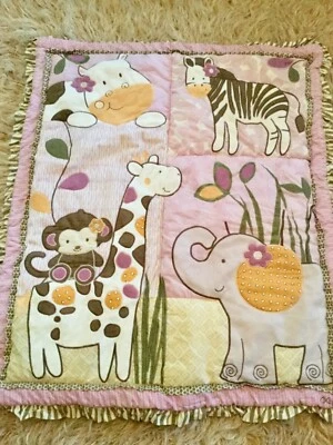 CoCalo Baby Blanket GIRAFFE HIPPO JUNGLE Comforter Crib Quilt PINK 45” x 37” - Image 1 of 4