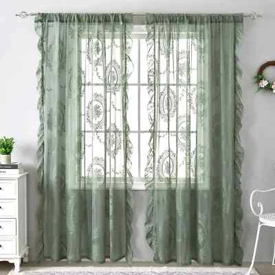 Green Lace Curtains for Living Room Bedroom Balcony Window Drapes Decor - Image 1 of 4