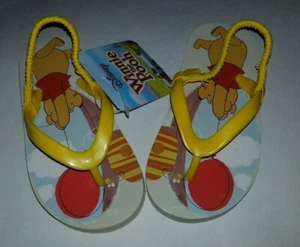 Toddler Unisex Disney Winnie Pooh Yellow Red Flip Flops Elastic Heel Strap 9/10 - Picture 1 of 3