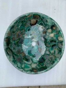 16"Green Agate Stone Sink Random Geode Round Wash Basin Kitchen & Bathroom Decor - Picture 1 of 8