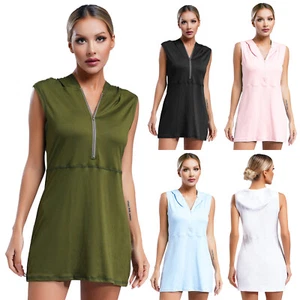 Women Sports Tennis Golf Hooded Dress Half Zipper Casual Badminton A-Line Dress - Picture 1 of 63