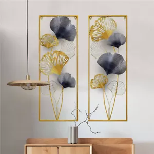 Wandbild Ginkgo Blätter Skulptur Wandschmuck Metall Wanddeko 2pcs 85×31×5cm Gold - Bild 1 von 15