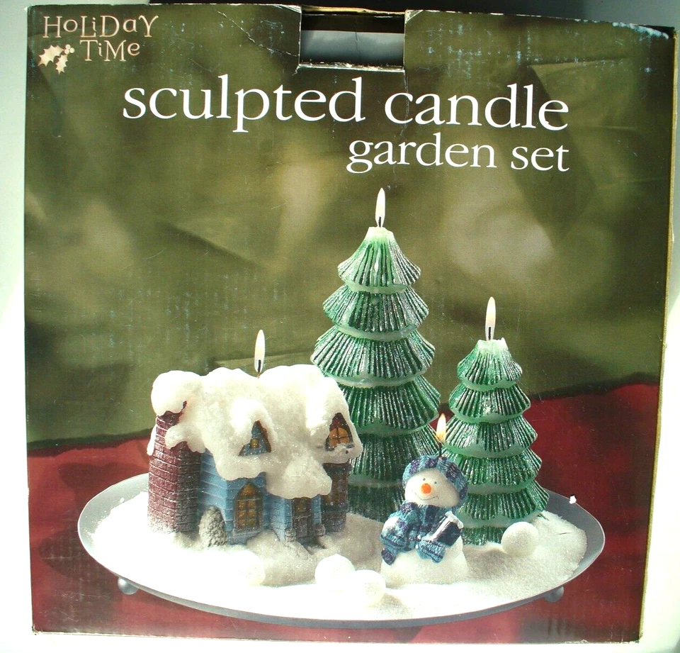 3D Sculpted Candle 10 pc Set Trees Snowman House Snow Balls Plate Holiday Time