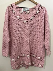 Vtg Cottagecore Romantic Sweater Hand Knit Grandma Garden Rosettes Floral Pink - Picture 1 of 16