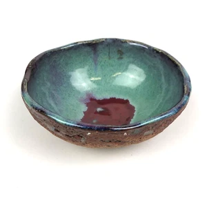 Vintage Künstler signiert Handarbeit Keramik PC rund rot türkis strukturiert außen - Bild 1 von 11