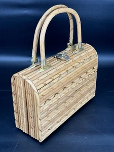 Vintage MAGID Gold Twist Lock Clasp Bamboo Rattan PURSE HANDBAG Box BAG - Picture 1 of 11