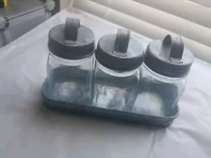 Farmhouse Country Set of 3 Glass Canisters in Galvanized Metal Tray Jars Storage - Picture 1 of 5