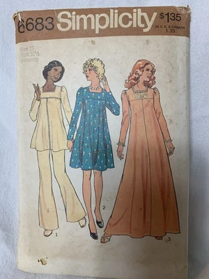 VTG `74 Simplicity 6683 Maternity Dress 2 Lengths, Top & Bell-Bottom Pants SZ 10 - Image 1 of 3