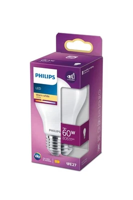 Philips LED Frosted E27 Edison Screw 60W Warm White Light Bulb Lamp (Pack of 3) - Image 1 of 2