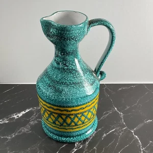 VTG Italy Hand Painted Yellow & Aqua Geometric Design Pitcher 8" H - Picture 1 of 7