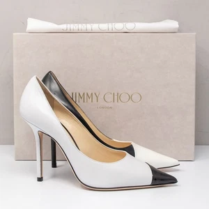 Jimmy Choo Love 100, Size 37 (7 US) Black/White Asymmetric Heels - Picture 1 of 8