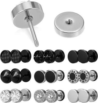 9 pares de pendientes de calibre falso tachuelas de acero inoxidable tapones tramposos unisex Foto 1 de 4