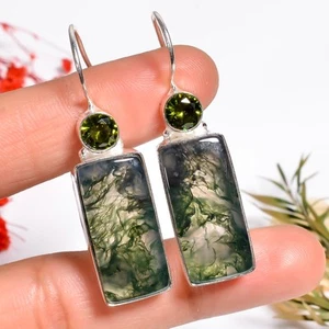 Moos Achat Peridot Edelstein Handmade Jewelry.925 Silber Ohrringe 1.8 " JK _ - Bild 1 von 6