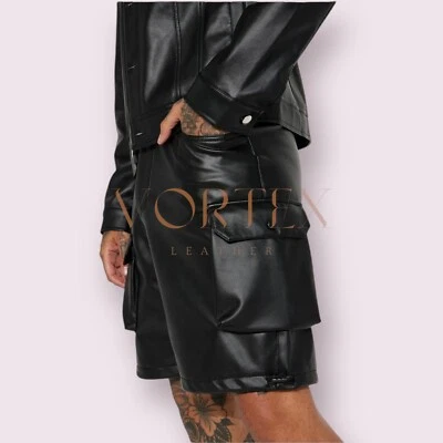 Pantalones Cortos Para Hombre Cuero Negro Cuero Genuino Piel de Cordero Corto Calce Ajustado Estilo Clásico Foto 1 de 4