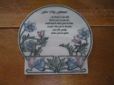 Estate Etched & Painted Cream Stone with FOR MY FRIEND Saying and Pink & Blue Cover