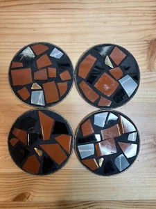 MCM Mosaic Made In Japan Unique Set 4 Tile Coasters Black Brown Grey Gold Back - Picture 1 of 9
