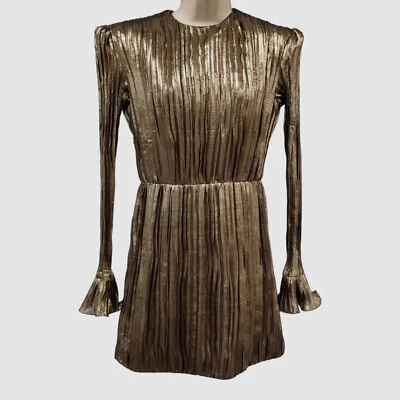 $4245 Andrew Gn Mujeres Mini Vestido Plisado de Seda Manga Larga Volantes Dorado Talla 38 Foto 1 de 4
