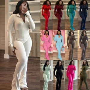 Ladies 2Pcs Jogger Casual Sport Gym Set Tracksuit Zip up Shirts Tops Flare Pants - Picture 1 of 32