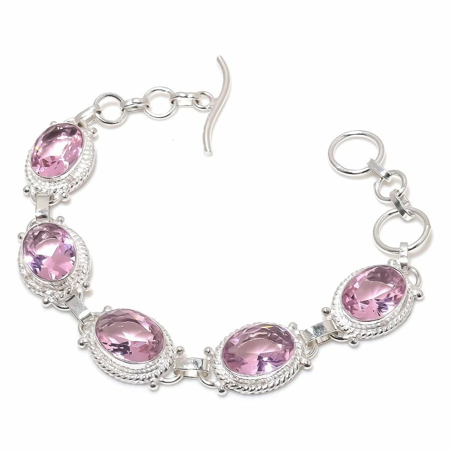 Pink Kunzite Gemstone Handmade 925 Sterling Silver Jewelry Bracelet Sz 7-8" - Image 1 of 1