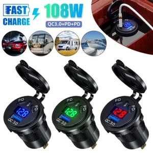 Car Cigarette Lighter Dual PD+USB Port Socket Charger Power Outlet LED Voltmeter - Picture 1 of 30