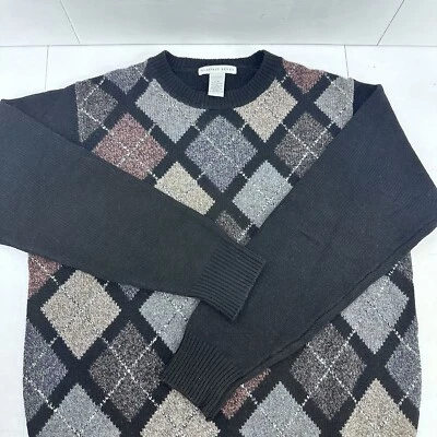 Suéter Geoffrey Beene Argyle 100% Lana de Cordero Negro Marrón Azul Preppy Grande Foto 1 de 4