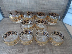 10 Federal Glass MCM Gold Black Laurel Leaf Roly Poly Bar Glasses 3 sizes - Picture 1 of 3