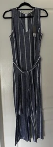 Sussan Jumpsuit 12 100% Linen Striped Belted Loose Fit Rear Zip V Neck NWT - Picture 1 of 6