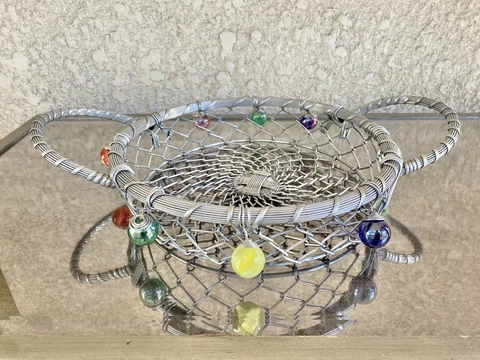 Dary Rees Woven Fruit/bread basket silver metal Aluminum & glass Cover