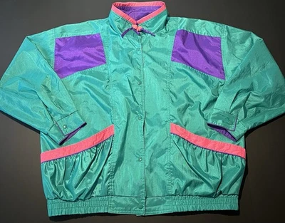 Jaqueta de pista reversível vintage anos 80/90 roxa verde rosa botões de pressão 18/20w - Imagem 1 de 4