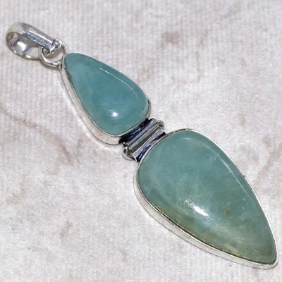 Colgante largo aguamarina enchapado en plata 925 hecho a mano 2,8" regalo étnico GW Foto 1 de 3