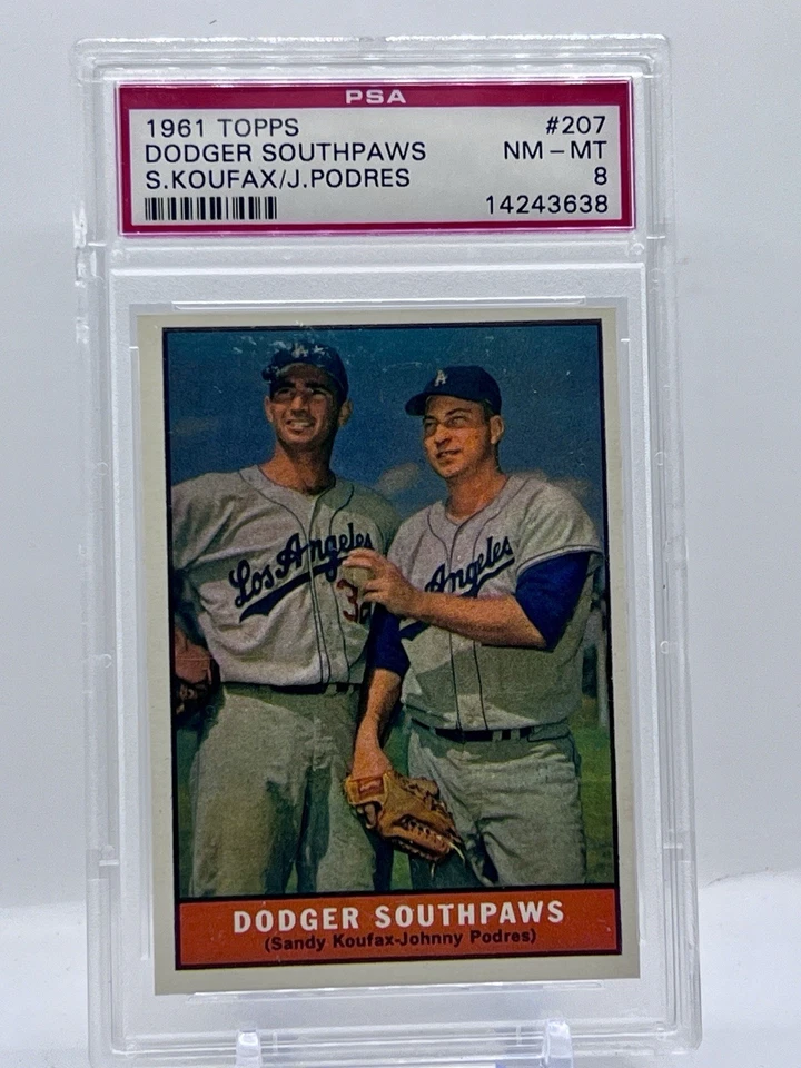 1961 Topps Dodger Southpaws Sandy Koufax / Johnny Podres PSA 8 #207 Dodgers HOF - Image 1 of 3