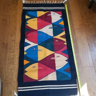 Alfombra de lana zapoteca vintage escuela mexicana de lana de pescado 56 x 28 pulgadas Foto 1 de 4