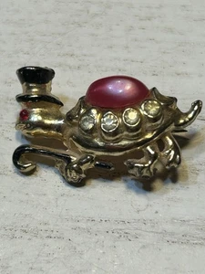 Vintage Turtle Pin Brooch Rhinestones Pink Cabochon Cab C-Clasp Gold Tone - Picture 1 of 8