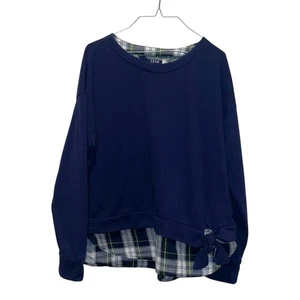 IZOD Women’s Long Sleeve 2-Fer Sweatshirt Navy Blue w/ Plaid Sz XL GUC - Picture 1 of 6