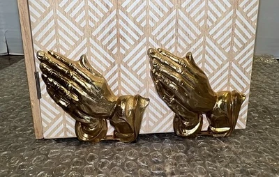 2 VTG MCM Cast Brass Religious Praying Hands Bookends W/Green Felt Bottom 3 3/4” - Image 1 of 4