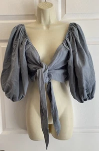 NWT Mustard Seed Blouse Women’s Small Blue Puff Sleeve Crop Top Tie Boho Hippie - Picture 1 of 11