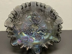 Northwood Carnival Iridescent Glass Footed Bowl Embossed Roses 8.5”dia X 3”h - Picture 1 of 6