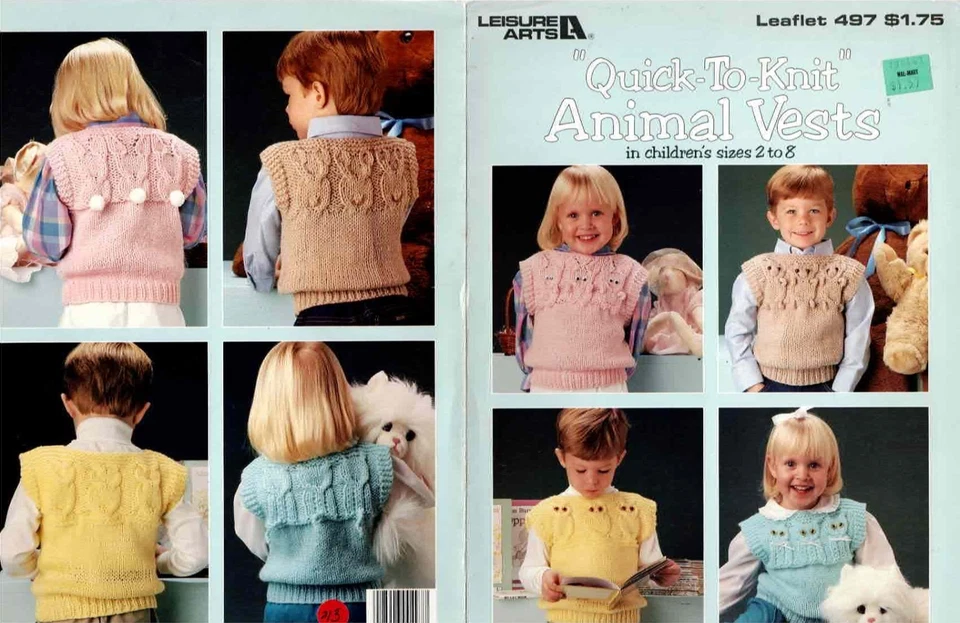 Knitting Pattern Animal Vests Childrens Sz 2 to 8 1987 VTG Owl Bunny Teddy Kitty - Image 1 of 1